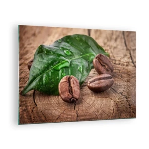 Tablou pe sticlă - Boabe de cafea pe un fundal de frunză și lemn - 70x50cm - Cea mai adevărată și închisă la culoare - Decorațiune modernă pentru perete pentru living și dormitor ARTTOR