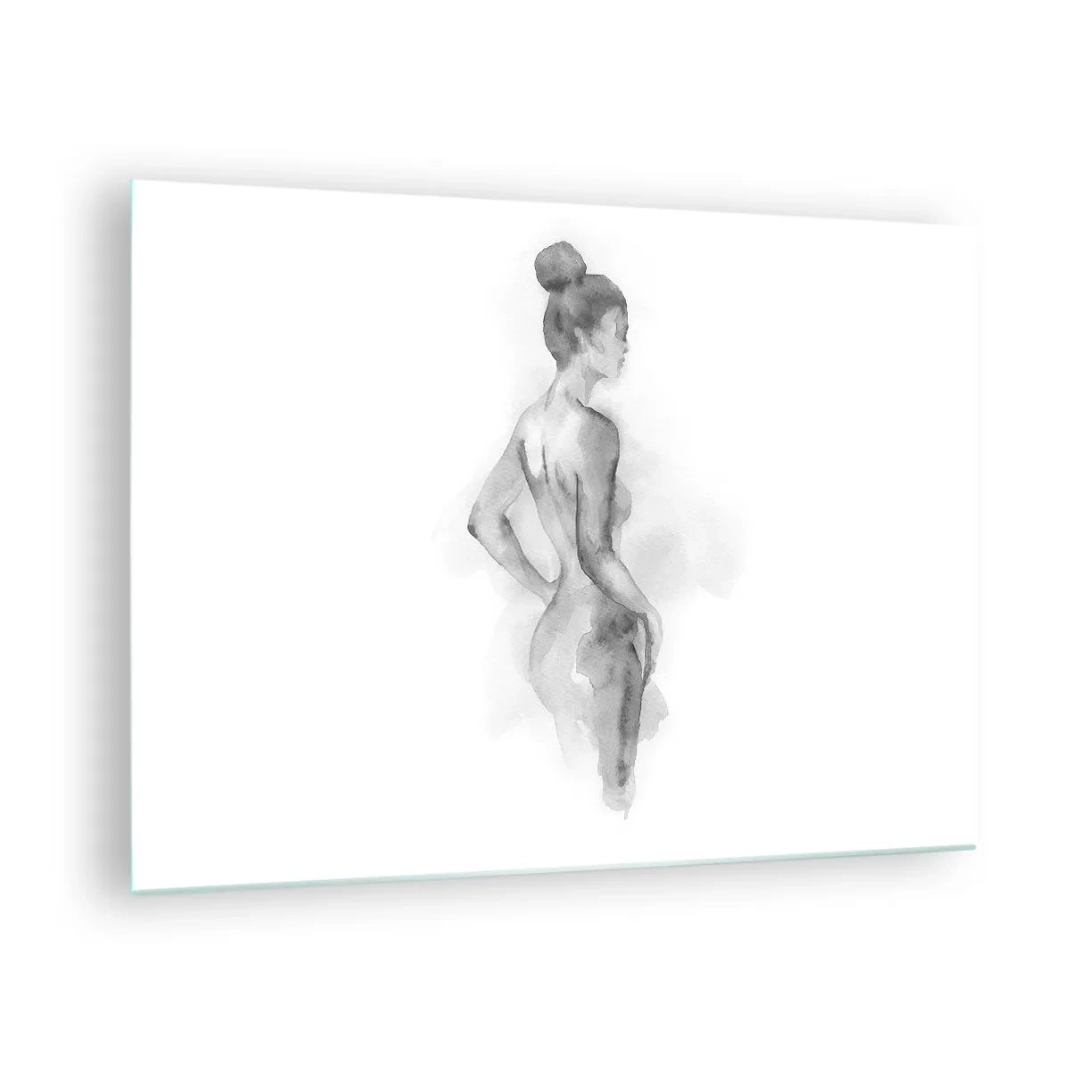 Tablou pe sticlă - O siluetă feminină subtilă pictată în acuarelă pe un fundal alb - 70x50cm - Frumoasă ca o pictură - Decorațiune modernă pentru perete pentru living și dormitor ARTTOR