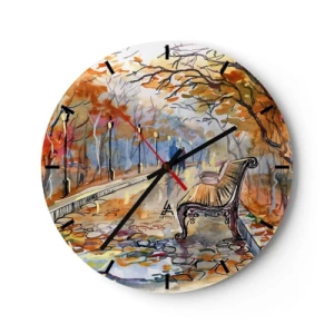 Ceas de perete - Ceas pe sticlă - Parc de toamnă cu o bancă în stil acuarelă - 30x30cm - Pășim împreună în toamnă - Decorațiune modernă pentru perete pentru living, bucătărie și dormitor ARTTOR