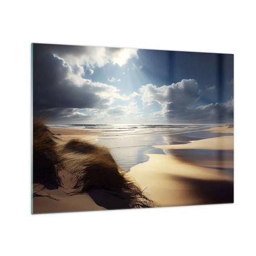 Tablou pe sticlă - O plajă sălbatică iluminată de razele soarelui de sub nori - 70x50cm - Plajă sălbatică - Decorațiune modernă pentru perete pentru living și dormitor ARTTOR