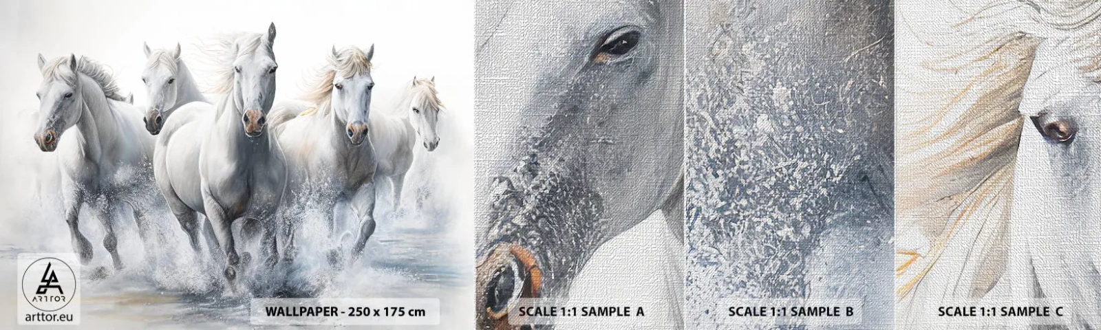 Mostră tapet Premium Canvas - Magie albă - Cai, Animale, Acuarelă - 100x30 cm
