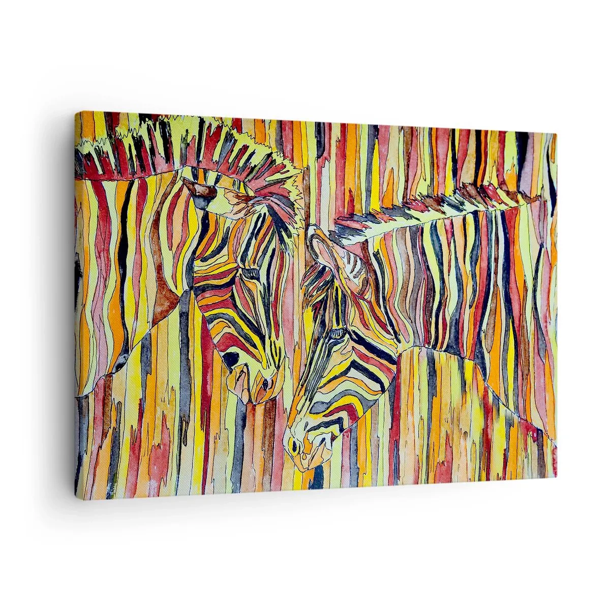 Tablou pe pânză Canvas - Zebre colorate pe un fundal de dungi abstracte - 70x50cm - Deci și tu.. - Decorațiune modernă pentru perete pentru living și dormitor ARTTOR