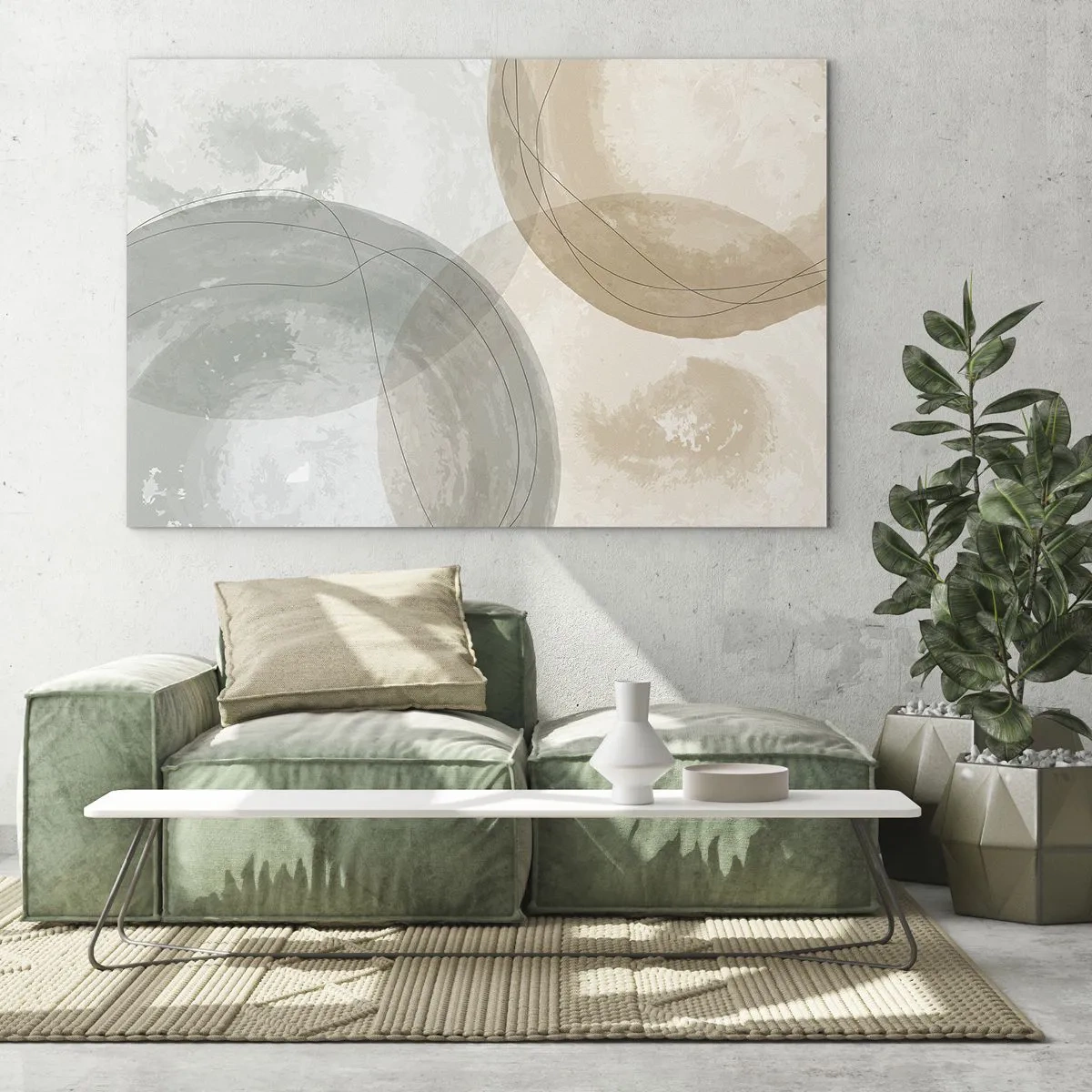 Tablou pe sticlă - Cercuri și linii pastelate într-o compoziție subtilă - 70x50cm - Întrepătrunderea lumilor - Decorațiune modernă pentru perete pentru living și dormitor ARTTOR