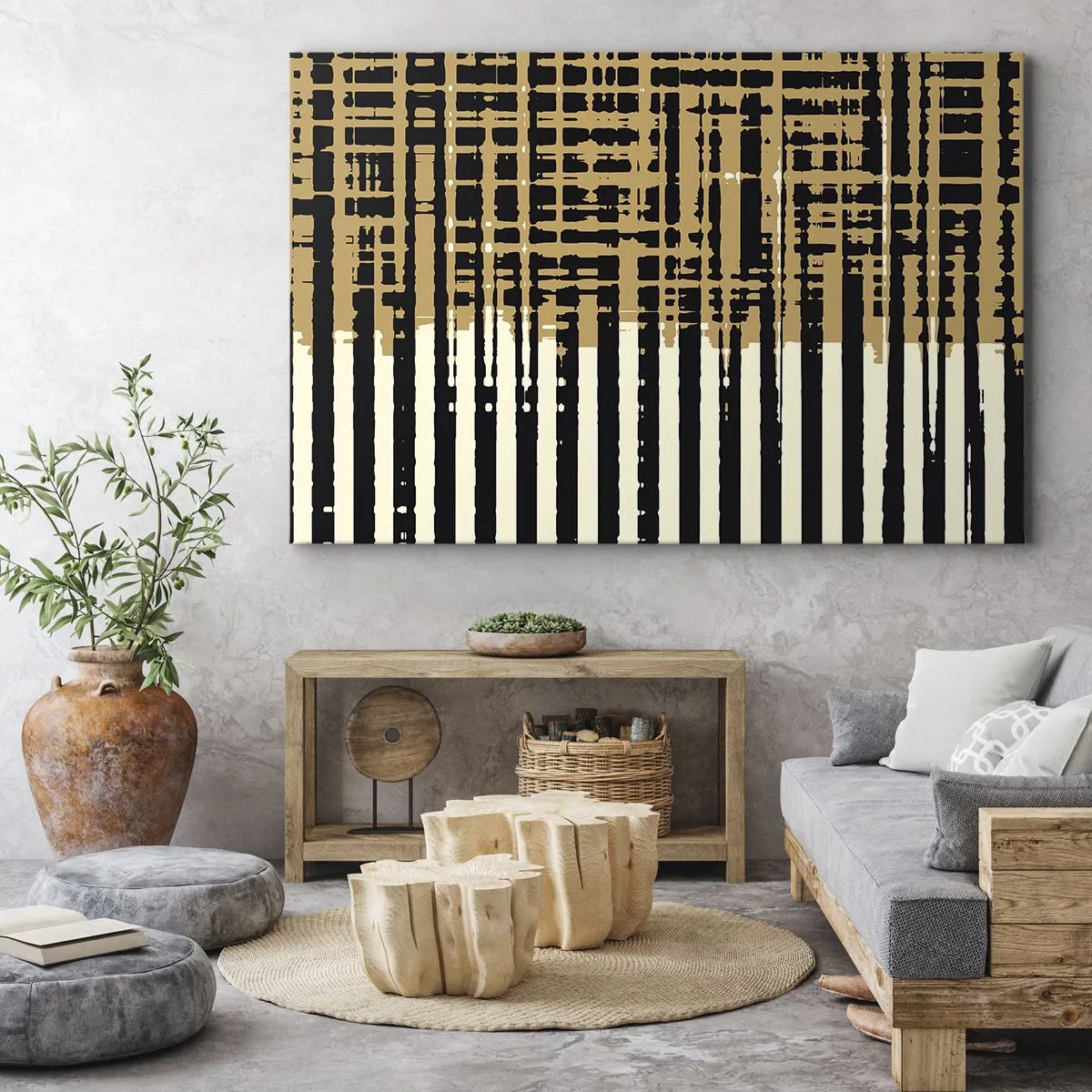 Tablou pe pânză Canvas - Linii abstracte în negru, bej și alb - 70x50cm - Abstracție arhitecturală - Decorațiune modernă pentru perete pentru living și dormitor ARTTOR