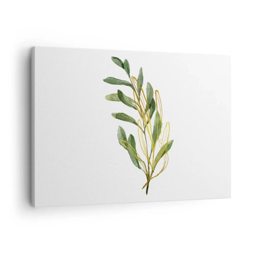 Tablou pe pânză Canvas - ramură verde cu frunze pe fundal alb - 70x50cm - Toate cele bune - Decorațiune modernă pentru perete pentru living și dormitor ARTTOR