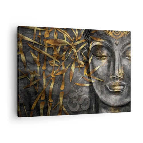 Tablou pe pânză Canvas - Imagine Zen a lui Buddha cu bambus auriu - 70x50cm - Simțiți pacea - Decorațiune modernă pentru perete pentru living și dormitor ARTTOR
