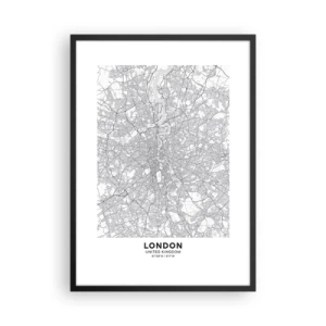 Poster în ramă neagră - Hartă alb-negru a Londrei cu detalii precise despre străzi - 50x70cm - Harta labirintului din Londra - Decorațiune modernă pentru perete pentru living și dormitor ARTTOR