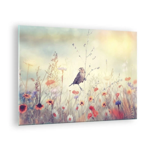 Tablou pe sticlă - O pasăre într-o pajiște înflorită la soare - 70x50cm - Portret de pasăre cu o pajiște în fundal - Decorațiune modernă pentru perete pentru living și dormitor ARTTOR