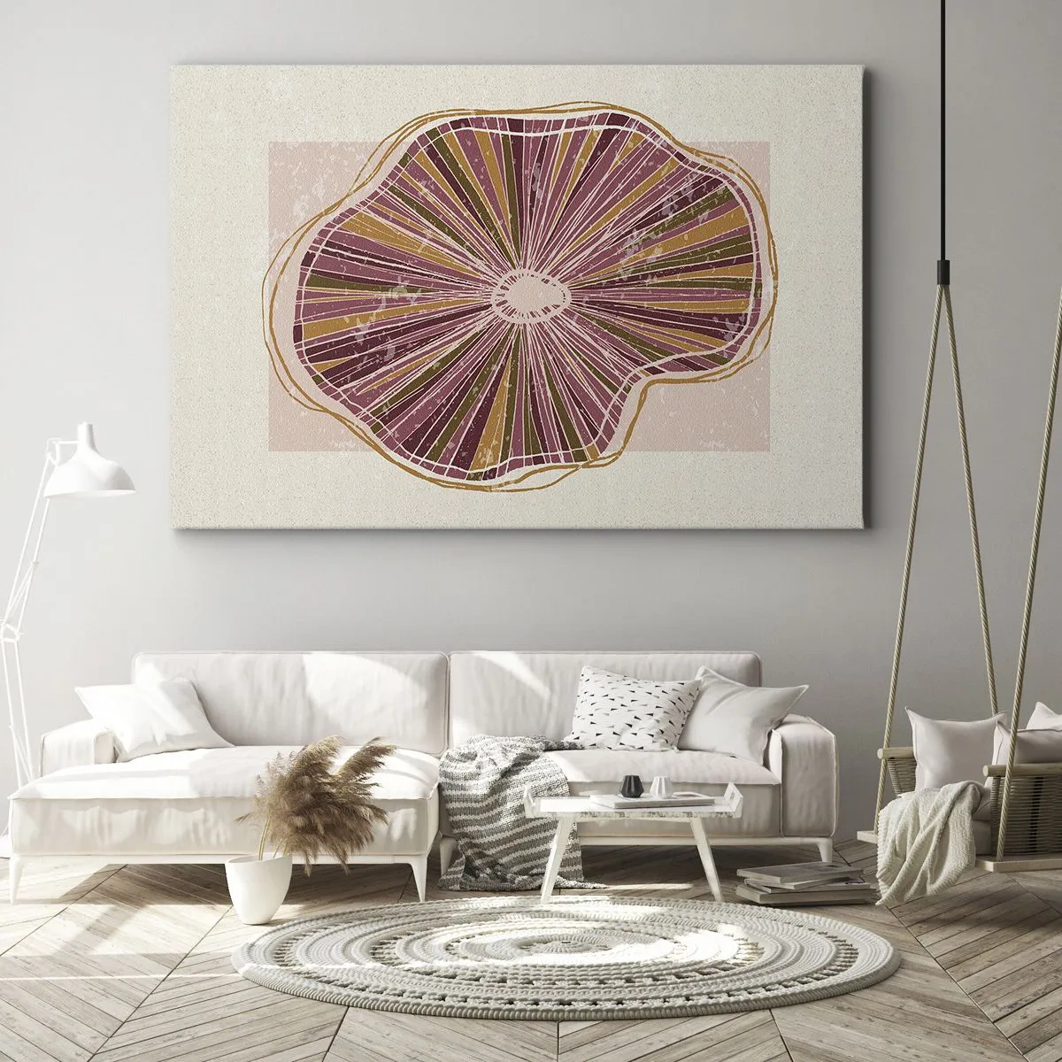 Tablou pe pânză Canvas - Model abstract de felii de copac în nuanțe de roz - 70x50cm - Abstracția radială - Decorațiune modernă pentru perete pentru living și dormitor ARTTOR