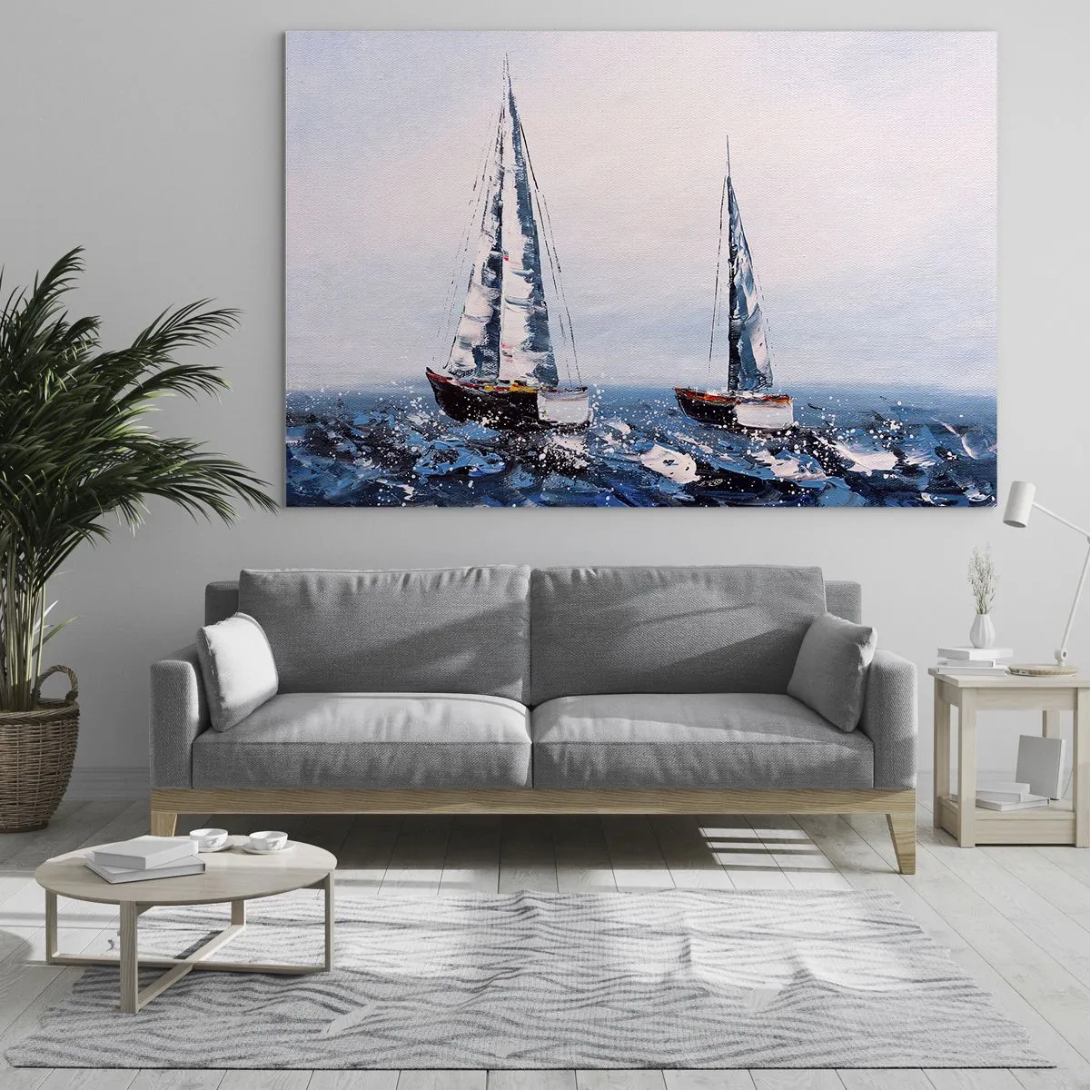 Tablou pe sticlă - Două iahturi pe o mare furtunoasă, într-un stil pictural impresionist. - 70x50cm - Frăția vântului - Decorațiune modernă pentru perete pentru living și dormitor ARTTOR