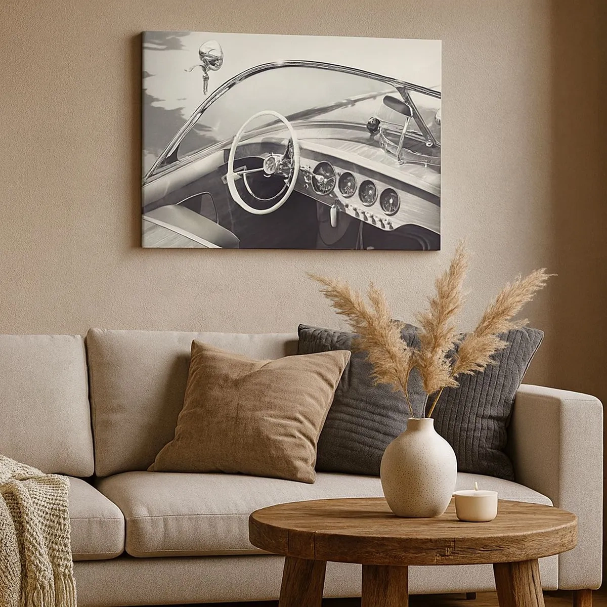 Tablou pe pânză Canvas - Interiorul unei mașini clasice în stil monocromatic - 70x50cm - E timpul pentru cei bogați - Decorațiune modernă pentru perete pentru living și dormitor ARTTOR