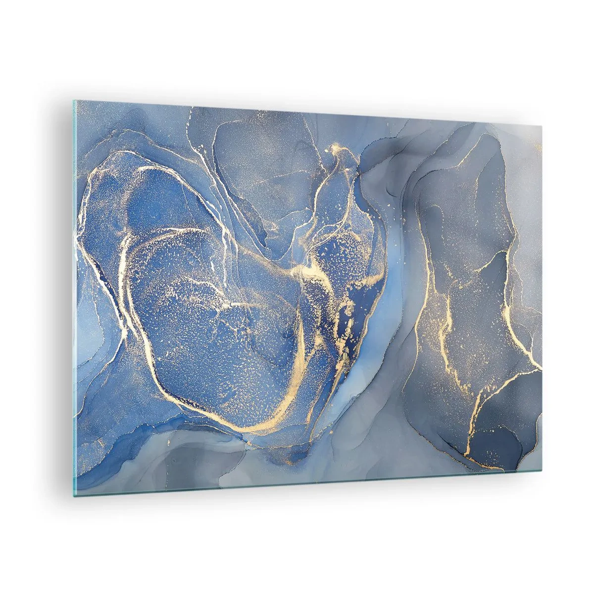 Tablou pe sticlă - O compoziție abstractă în nuanțe de albastru marin și auriu - 70x50cm - Praf de aur - Decorațiune modernă pentru perete pentru living și dormitor ARTTOR