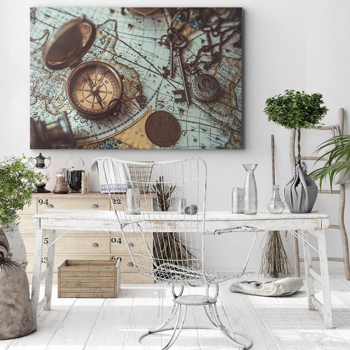 Tablou pe pânză Canvas - Compoziție cu busolă, chei și o hartă veche în stil retro - 70x50cm - Pentru aventurierul din tine - Decorațiune modernă pentru perete pentru living și dormitor ARTTOR