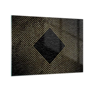 Tablou pe sticlă - Diamant de aur cu linii geometrice pe fundal negru - 70x50cm - Geometrie în stil glamour - Decorațiune modernă pentru perete pentru living și dormitor ARTTOR