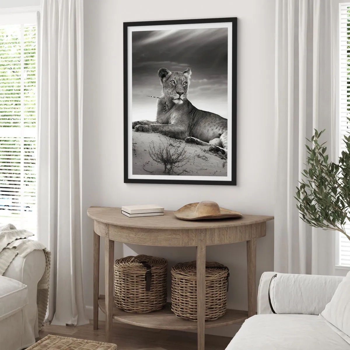 Poster în ramă neagră - Portret alb-negru al unui leu care se odihnește în deșert - 50x70cm - Odihna reginei deșertului - Decorațiune modernă pentru perete pentru living și dormitor ARTTOR