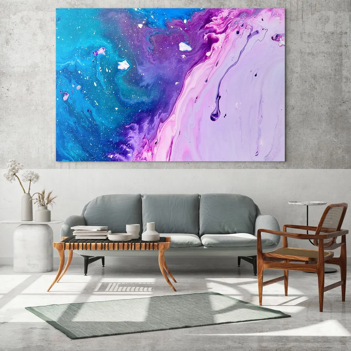 Tablou pe sticlă - O compoziție abstractă cu un amestec de culori violet, albastru și roz. - 70x50cm - Yin și yang - Decorațiune modernă pentru perete pentru living și dormitor ARTTOR