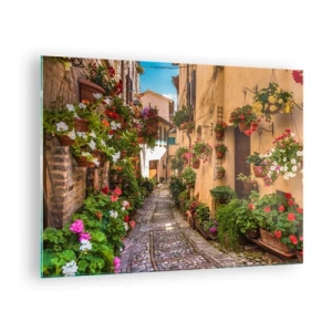 Tablou pe sticlă - alee italiană fermecătoare cu flori în ghiveci și o stradă pietruită - 70x50cm - Străduță italiană - Decorațiune modernă pentru perete pentru living și dormitor ARTTOR