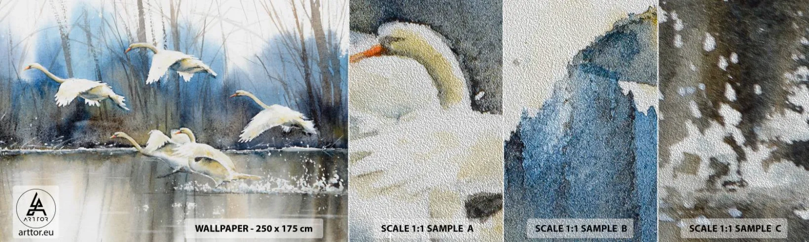 Mostră tapet Premium Sand - Dansând cu lebedele sălbatice - Lebedele, Păsări, Peisaj - 100x30 cm