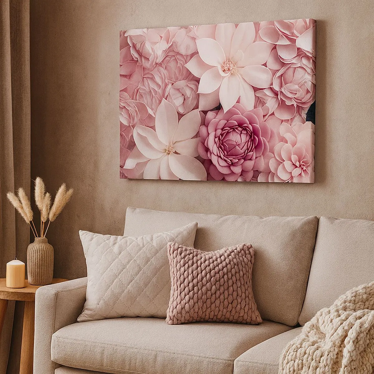 Tablou pe pânză Canvas - Flori în nuanțe de roz și alb, într-o abordare artistică - 70x50cm - În petale roz - Decorațiune modernă pentru perete pentru living și dormitor ARTTOR