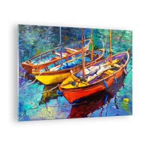 Tablou pe sticlă - Bărci colorate pe ape calme - 70x50cm - Pe o apă plină de culoare - Decorațiune modernă pentru perete pentru living și dormitor ARTTOR