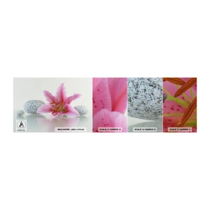 Mostră de Tapet Standard Eco - Studiu în roz, gri și alb - Flori, Crin, Pietre - 100x30 cm