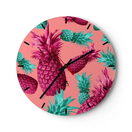 Ceas de perete - Ceas pe sticlă - Ananas roz și verde pe un fundal roz pastel - 30x30cm - Libertatea e dulce - Decorațiune modernă pentru perete pentru living, bucătărie și dormitor ARTTOR