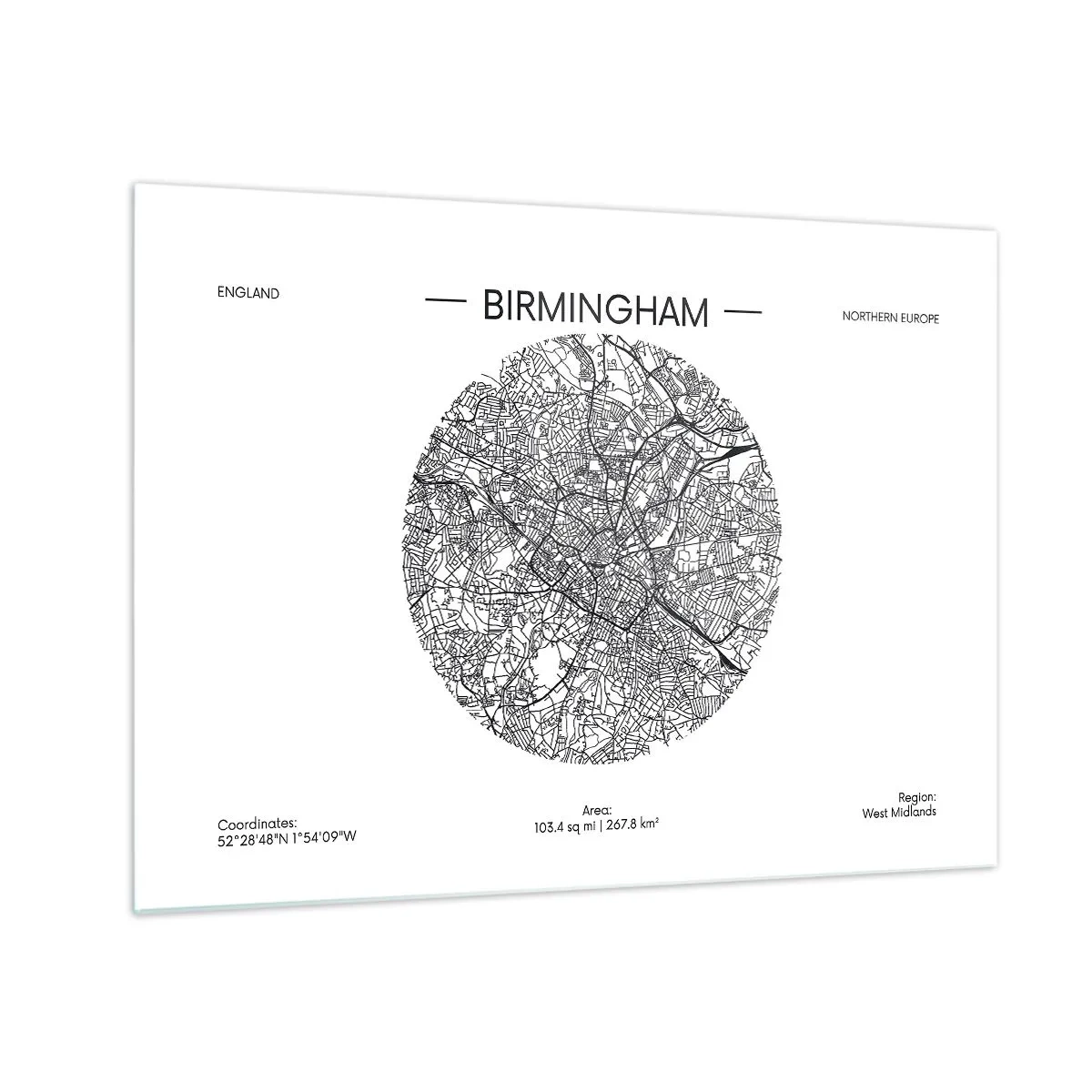Tablou pe sticlă - Hartă alb-negru a orașului Birmingham într-un stil grafic modern - 70x50cm - Anatomia Birmingham - Decorațiune modernă pentru perete pentru living și dormitor ARTTOR