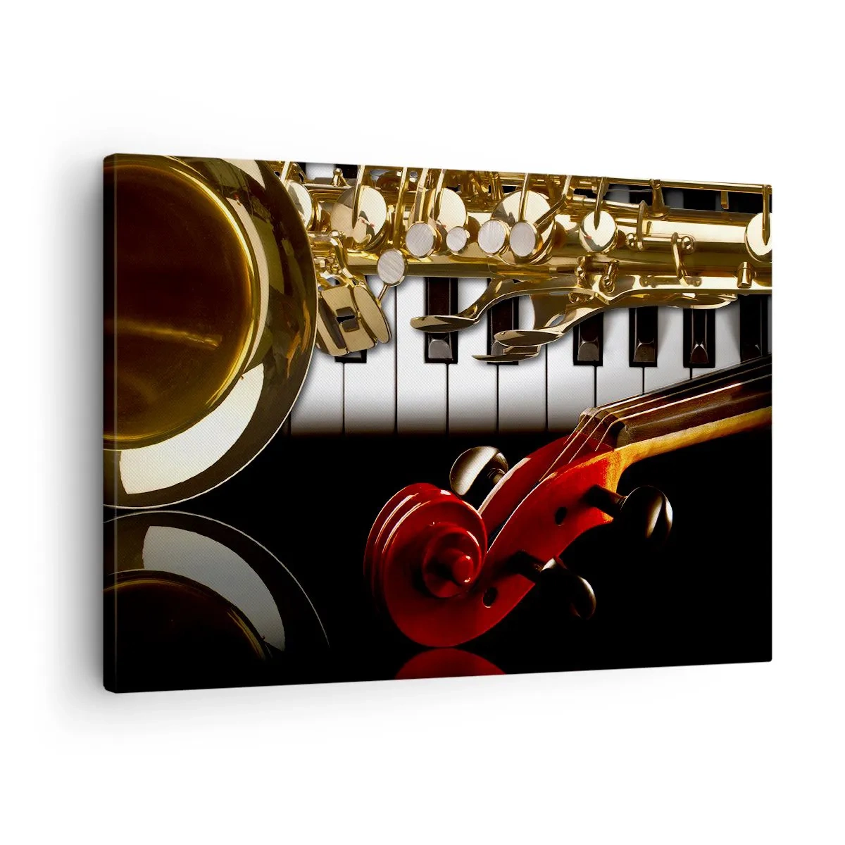 Tablou pe pânză Canvas - Un saxofon auriu, clape de pian și o vioară roșie - 70x50cm - Tablă, lemn și fildeș - Decorațiune modernă pentru perete pentru living și dormitor ARTTOR