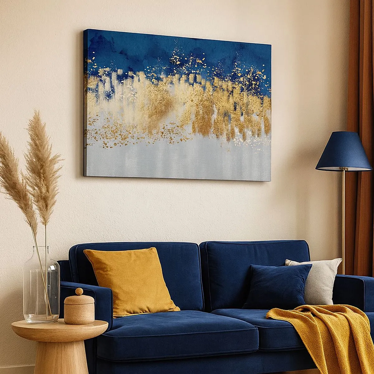 Tablou pe pânză Canvas - O compoziție abstractă în nuanțe de auriu și albastru marin. - 70x50cm - Compoziție modernă cu bliț - Decorațiune modernă pentru perete pentru living și dormitor ARTTOR