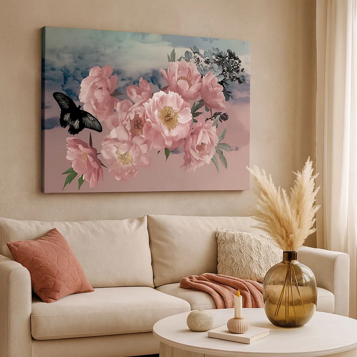Tablou pe pânză Canvas - Bujori roz cu un fluture pe un fundal pastel - 70x50cm - Apogeul romantismului - Decorațiune modernă pentru perete pentru living și dormitor ARTTOR