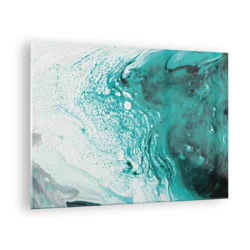Tablou pe sticlă - O pictură abstractă în nuanțe de alb și turcoaz - 70x50cm - Dizolvându-se în alb și turcoaz - Decorațiune modernă pentru perete pentru living și dormitor ARTTOR