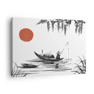 Tablou pe pânză Canvas - Peisaj oriental cu un pescar pe o barcă și un soare roșu - 70x50cm - O după-amiază asiatică - Decorațiune modernă pentru perete pentru living și dormitor ARTTOR
