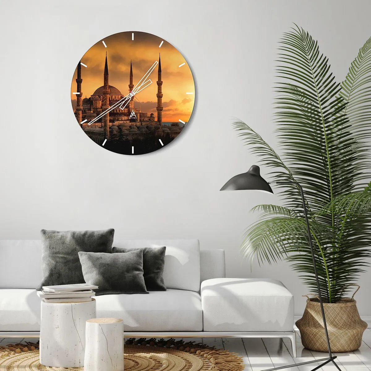Ceas de perete - Ceas pe sticlă - Moscheea în strălucirea soarelui care apune - 30x30cm - Dumnezeu este mare - Decorațiune modernă pentru perete pentru living, bucătărie și dormitor ARTTOR