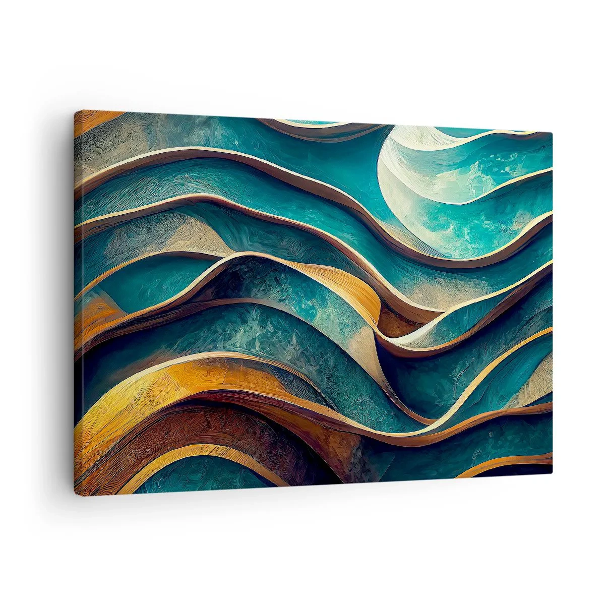 Tablou pe pânză Canvas - Valuri abstracte în nuanțe de turcoaz și auriu - 70x50cm - Meandre de albastru - Decorațiune modernă pentru perete pentru living și dormitor ARTTOR