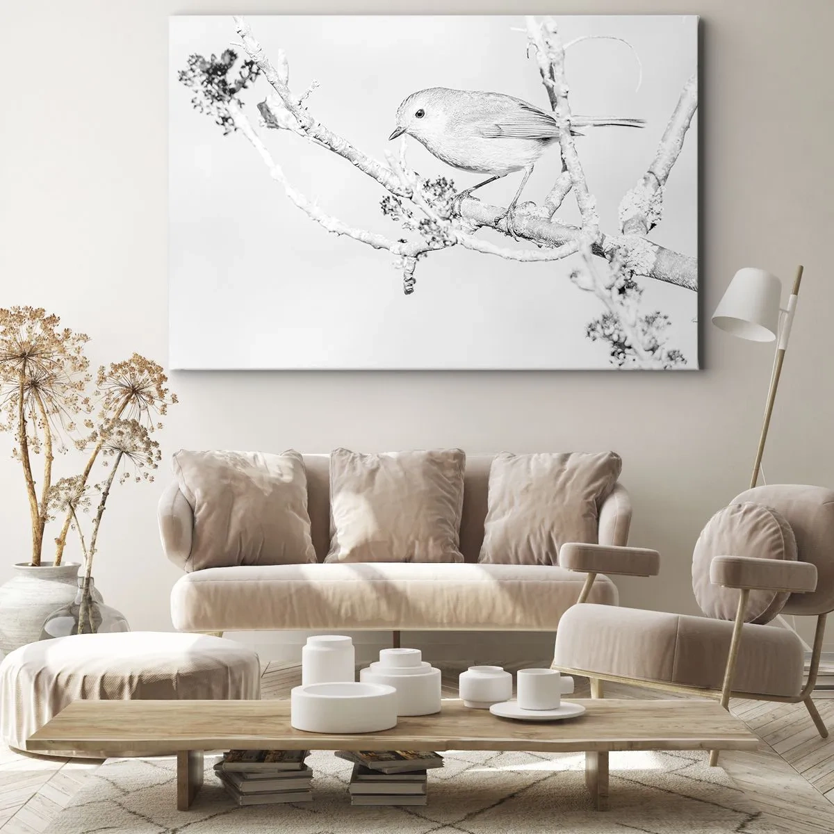 Tablou pe pânză Canvas - Pasăre pe o creangă în alb și negru, cu un stil minimalist - 70x50cm - Dimineață de iarnă - Decorațiune modernă pentru perete pentru living și dormitor ARTTOR