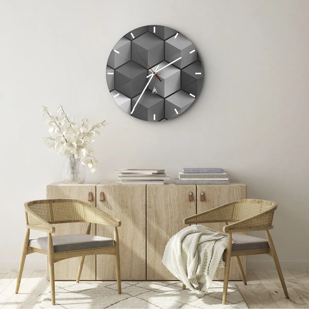 Ceas de perete - Ceas pe sticlă - Figuri cubice 3D într-un aranjament geometric - 30x30cm - Puzzle cubist - Decorațiune modernă pentru perete pentru living, bucătărie și dormitor ARTTOR