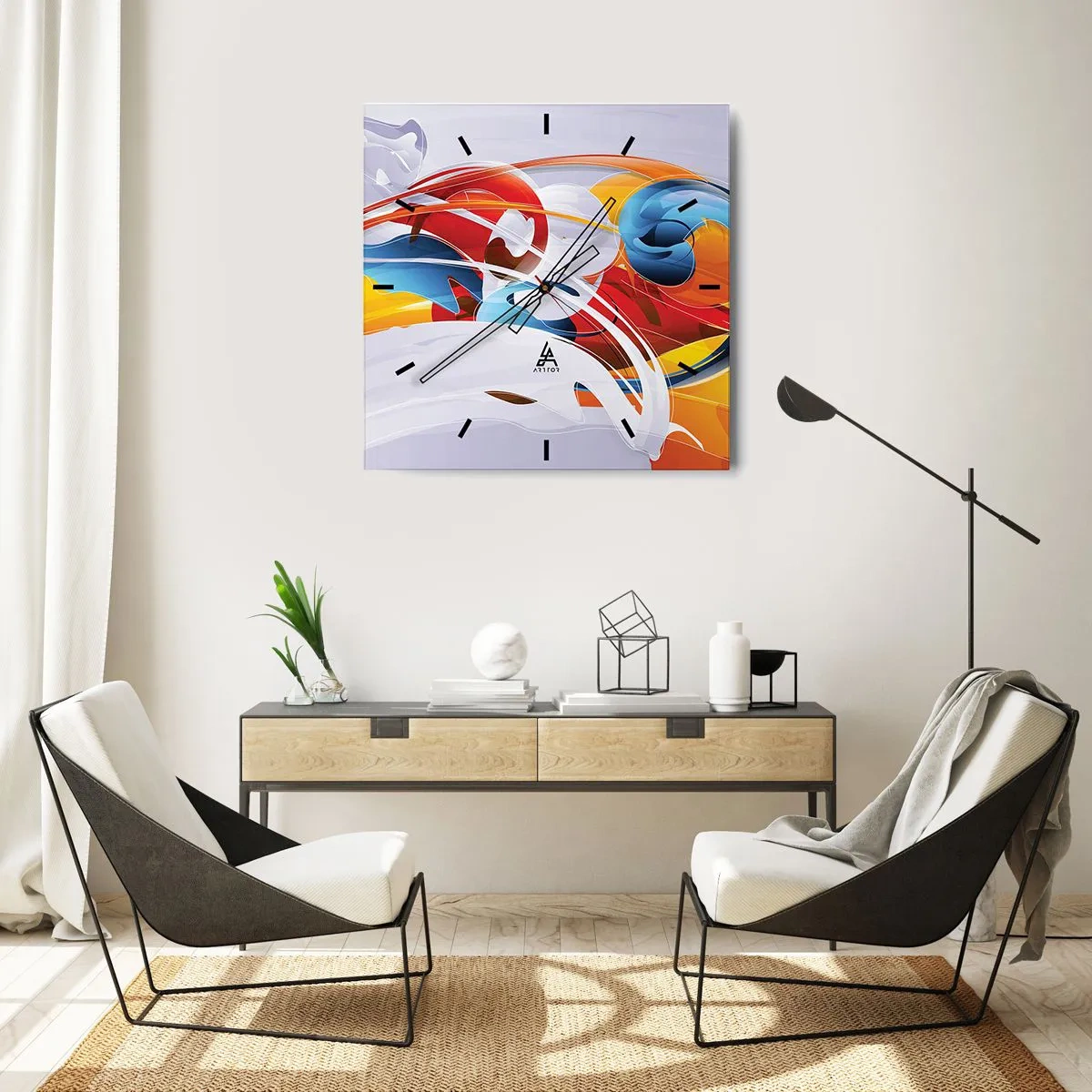 Ceas de perete - Ceas pe sticlă - Dansul elementelor - 40x40 cm