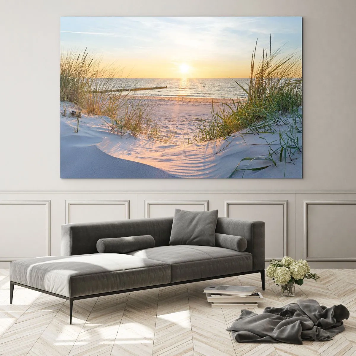 Tablou pe sticlă - Plajă cu apus de soare, cu vedere la mare și iarbă de dune - 70x50cm - Zumzet de mare, o plajă sălbatică printre ierburi... - Decorațiune modernă pentru perete pentru living și dormitor ARTTOR