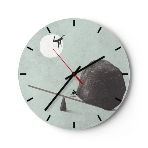 Ceas de perete - Ceas pe sticlă - Un personaj este catapultat de pe un balansoar de o stâncă spre lună. - 30x30cm - Visul îndeplinit - Decorațiune modernă pentru perete pentru living, bucătărie și dormitor ARTTOR