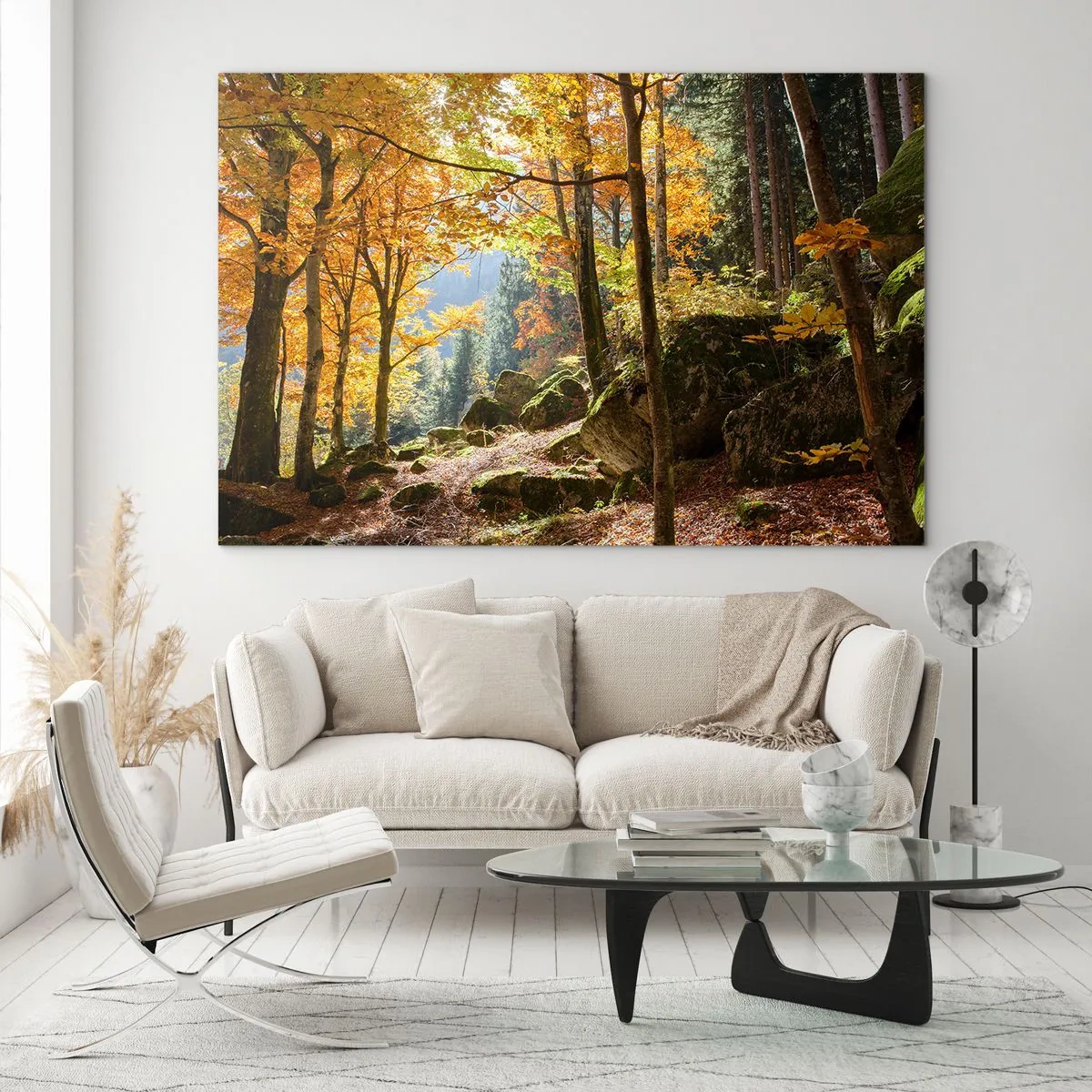 Tablou pe sticlă - Pădure de toamnă cu raze de soare și pietre - 70x50cm - Timp de relaxare - Decorațiune modernă pentru perete pentru living și dormitor ARTTOR