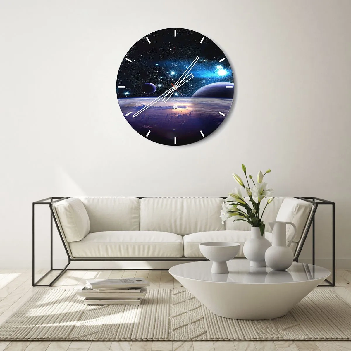 Ceas de perete - Ceas pe sticlă - Spațiu cu stele, planete și o suprafață planetară cu atmosferă - 30x30cm - Tot singuri? - Decorațiune modernă pentru perete pentru living, bucătărie și dormitor ARTTOR