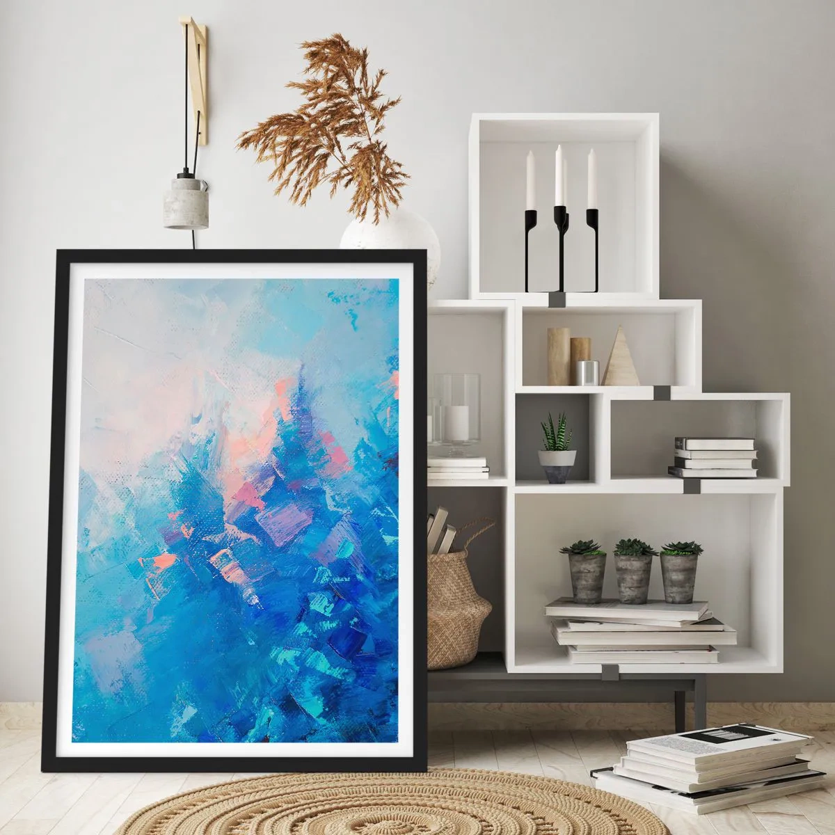 Poster în ramă neagră - O compoziție abstractă în nuanțe de albastru și roz inspirată de un peisaj de iarnă. - 50x70cm - Abstracție de iarnă - Decorațiune modernă pentru perete pentru living și dormitor ARTTOR