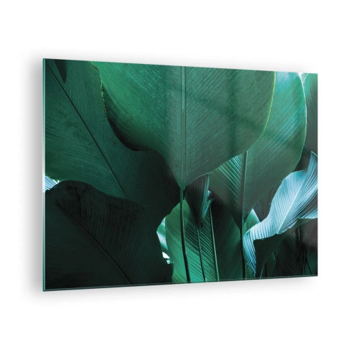 Tablou pe sticlă - Frunze tropicale în nuanțe intense de verde - 70x50cm - Cu frunza la lumină - Decorațiune modernă pentru perete pentru living și dormitor ARTTOR