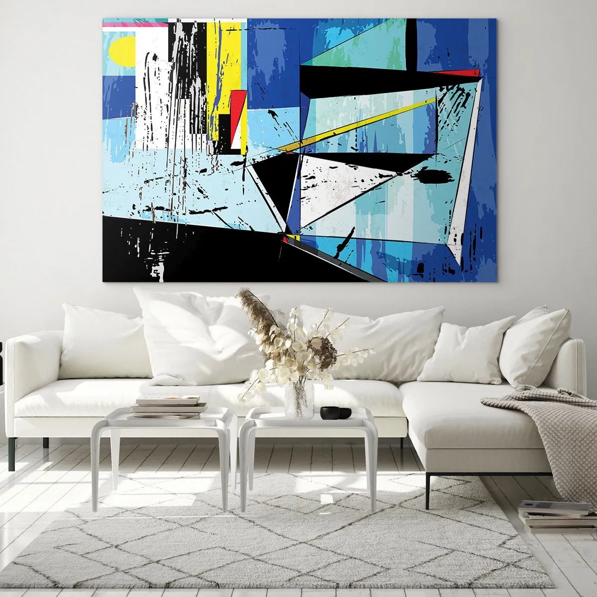 Tablou pe sticlă - Compoziție geometrică abstractă în nuanțe de albastru - 70x50cm - Privind lumea dintr-un unghi... - Decorațiune modernă pentru perete pentru living și dormitor ARTTOR