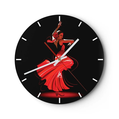 Ceas de perete - Ceas pe sticlă - Dansatoare de flamenco într-o rochie roșie pe un fundal negru - 30x30cm - Spiritul înflăcărat al flamenco-ului - Decorațiune modernă pentru perete pentru living, bucătărie și dormitor ARTTOR