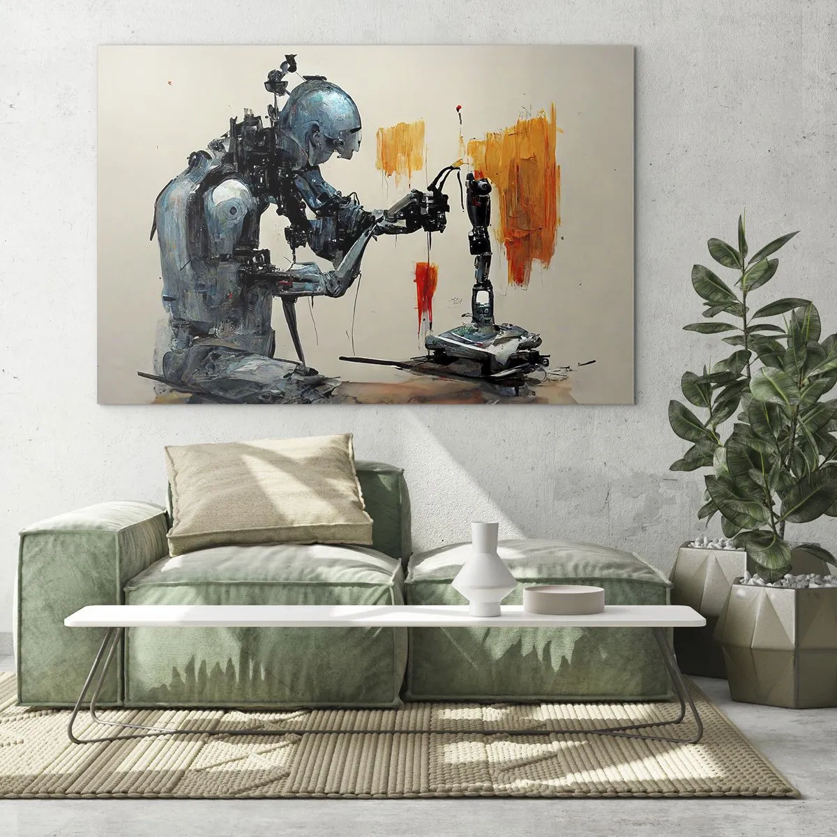 Tablou pe sticlă - Un robot pictând o mână mecanică pe un fundal abstract. - 70x50cm - Vine ziua de mâine..... - Decorațiune modernă pentru perete pentru living și dormitor ARTTOR