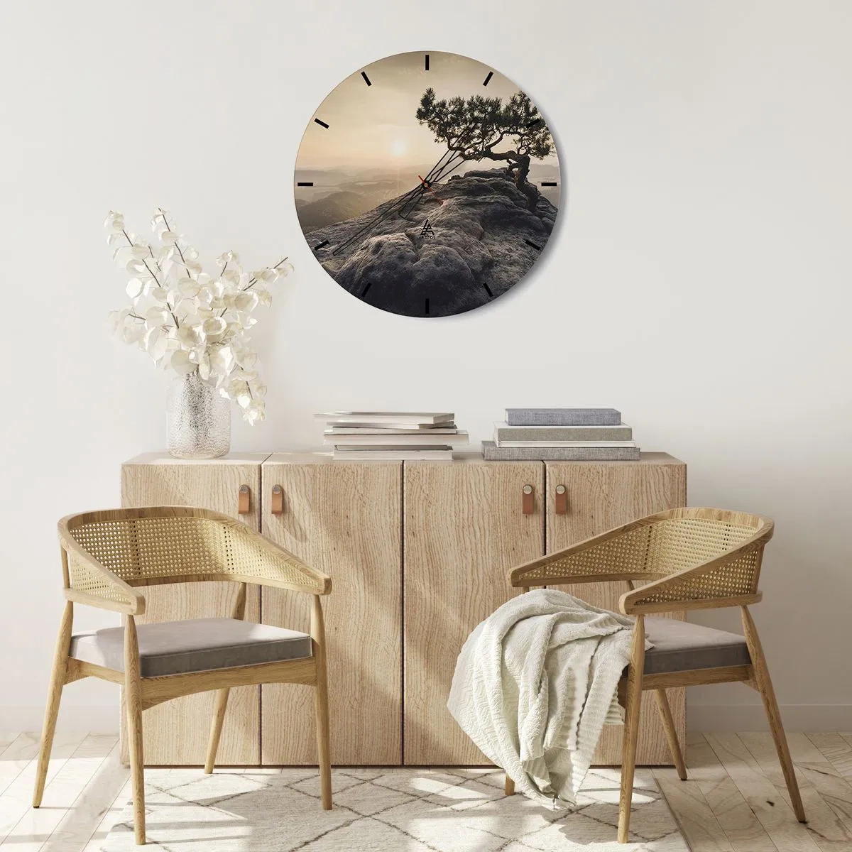 Ceas de perete - Ceas pe sticlă - Un copac singuratic pe o stâncă la apus - 30x30cm - Viața învinge întotdeauna - Decorațiune modernă pentru perete pentru living, bucătărie și dormitor ARTTOR