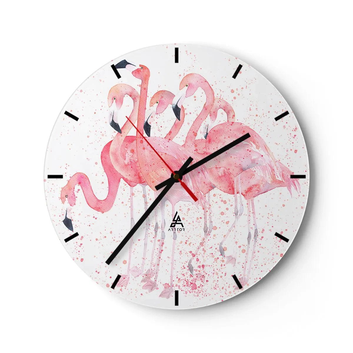 Ceas de perete - Ceas pe sticlă - Un grup de flamingo roz într-un stil artistic de acuarelă. - 30x30cm - Ansamblul roz - Decorațiune modernă pentru perete pentru living, bucătărie și dormitor ARTTOR