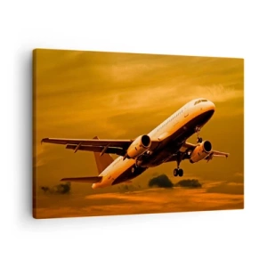 Tablou pe pânză Canvas - Un avion de pasageri decolează pe un cer auriu al apusului. - 70x50cm - Zbor spre soare - Decorațiune modernă pentru perete pentru living și dormitor ARTTOR
