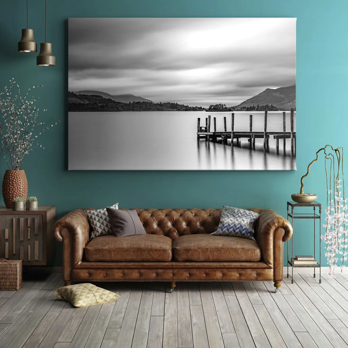 Tablou pe pânză Canvas - Peisaj alb-negru cu un dig peste un lac - 70x50cm - Blândețe și putere - Decorațiune modernă pentru perete pentru living și dormitor ARTTOR